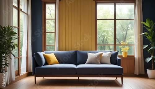 Interior mockup In a white room a blue sofa is placed next to a photo frame on the wall