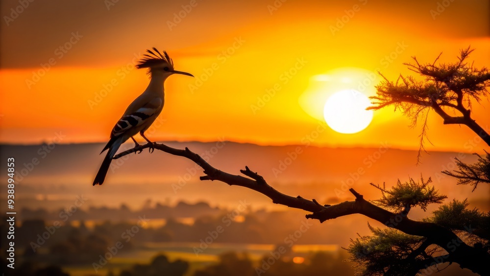 Fototapeta premium Dark silhouette of a hoopoe bird perched on a branch against a vibrant orange sunset sky with subtle trees and hills in the background.