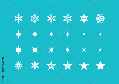 Wallpaper Mural 白い雪の結晶と星とキラキラ。クリスマスや冬のデザインで使えるシンプルなベクターイラストアイコンセット。 Torontodigital.ca