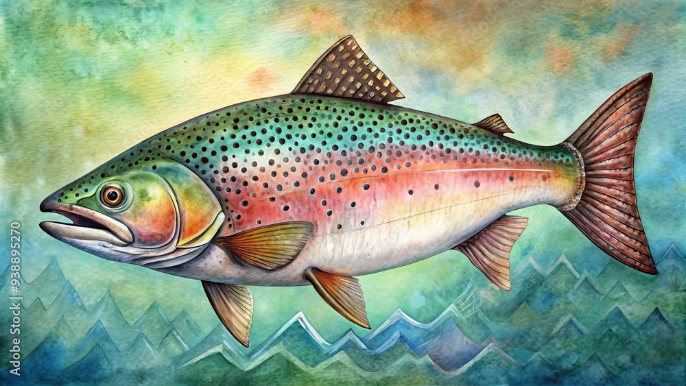 Delicate etching of a spawning salmon with intricate scales and vibrant fins, set against a soft watercolor background with subtle aquatic textures. Delicate etching of a spawning salmon with intricate scales and vibrant fins, set against a soft watercolor background with subtle aquatic textures.