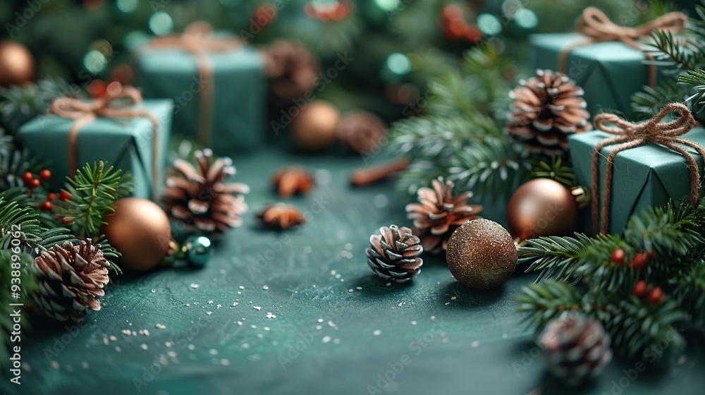 Bright Christmas flat lay with modern decorations and gift boxes on a pastel green background. Top view with copy space. Bright Christmas flat lay with modern decorations and gift boxes on a pastel green background. Top view with copy space.