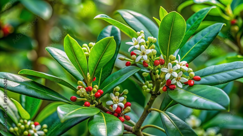 Delicate, ornate Erythroxylum coca plant blooms with bright green leaves and dainty white flowers in a lush, vibrant tropical forest environment. Delicate, ornate Erythroxylum coca plant blooms with bright green leaves and dainty white flowers in a lush, vibrant tropical forest environment.