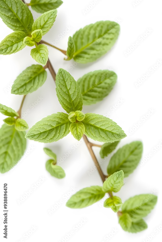 Fresh green mint leaves arranged on a white background, showcasing their vibrant color and texture. Fresh green mint leaves arranged on a white background, showcasing their vibrant color and texture.