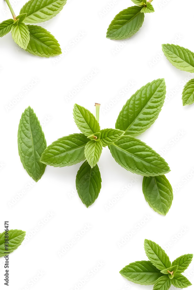 Fresh green mint leaves arranged on a white background, showcasing their vibrant color and texture. Fresh green mint leaves arranged on a white background, showcasing their vibrant color and texture.