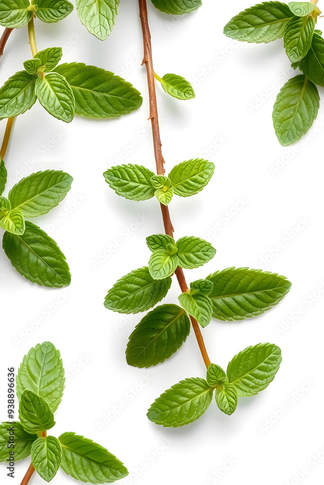 Fresh green mint leaves arranged on a white background, showcasing their vibrant color and texture. Fresh green mint leaves arranged on a white background, showcasing their vibrant color and texture.