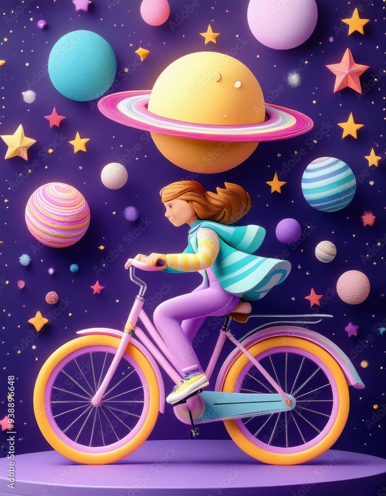 Naklejka premium Whimsical Space Bicycle Adventure