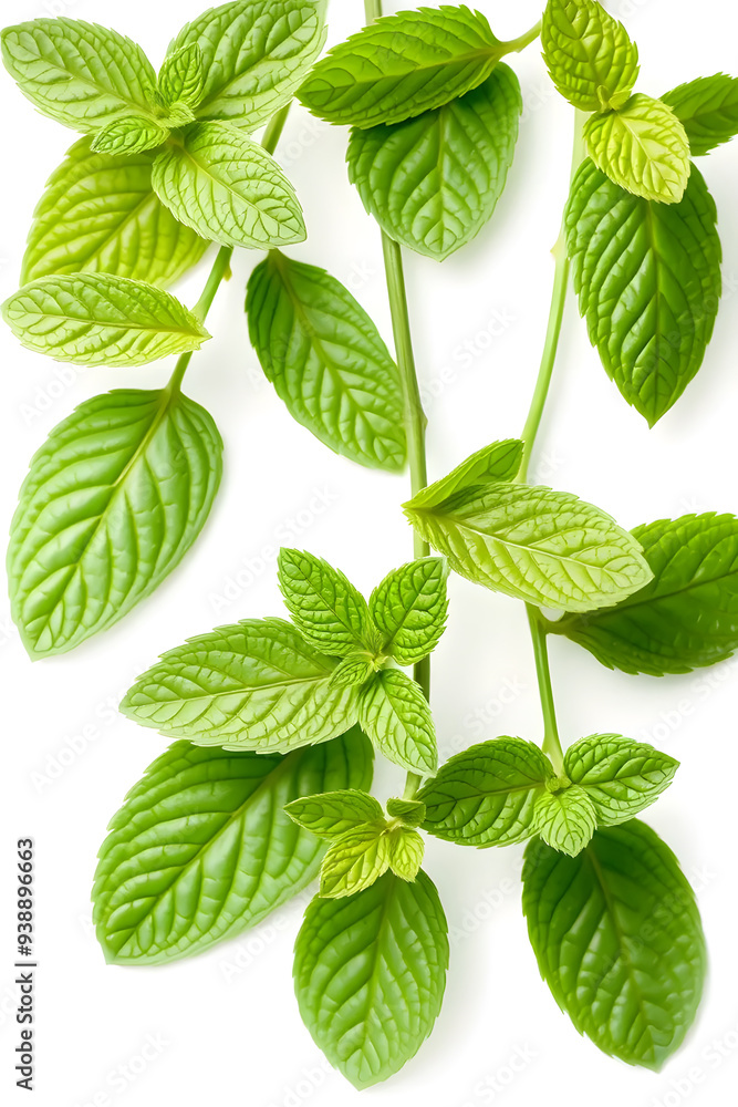 Fresh green mint leaves arranged on a white background, showcasing their vibrant color and texture. Fresh green mint leaves arranged on a white background, showcasing their vibrant color and texture.