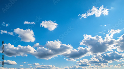 Fluffy white clouds drifting in a bright blue sky over a serene landscape in the afternoon light