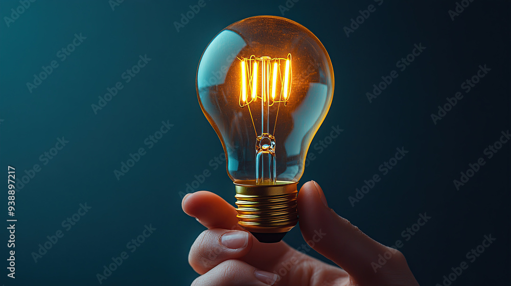 A hand holding a light bulb on a dark blue background A hand holding a light bulb on a dark blue background