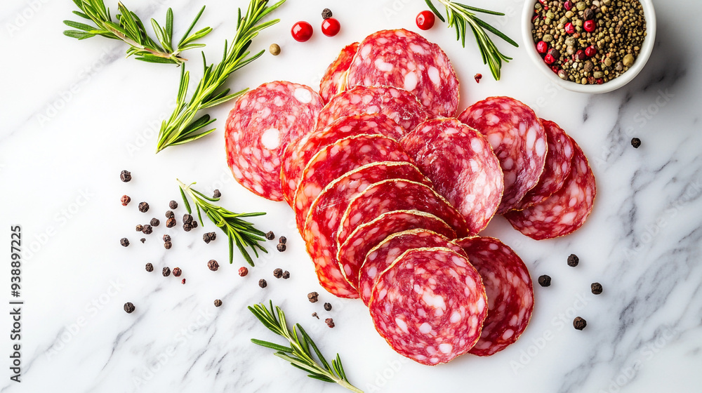 Sliced salami arranged on a marble surface with herbs and spices in a kitchen setting for a culinary presentation Sliced salami arranged on a marble surface with herbs and spices in a kitchen setting for a culinary presentation