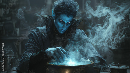 mysterious blue skinned drow mage conjuring a glowing magical aura in a dark and misty chamber surrounded by arcane artifacts