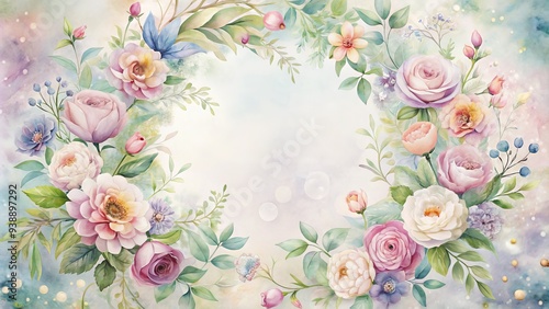 Delicate watercolor flowers bloom in soft pastel hues within a whimsical circular frame, creating a dreamy and ethereal background for any design or project.