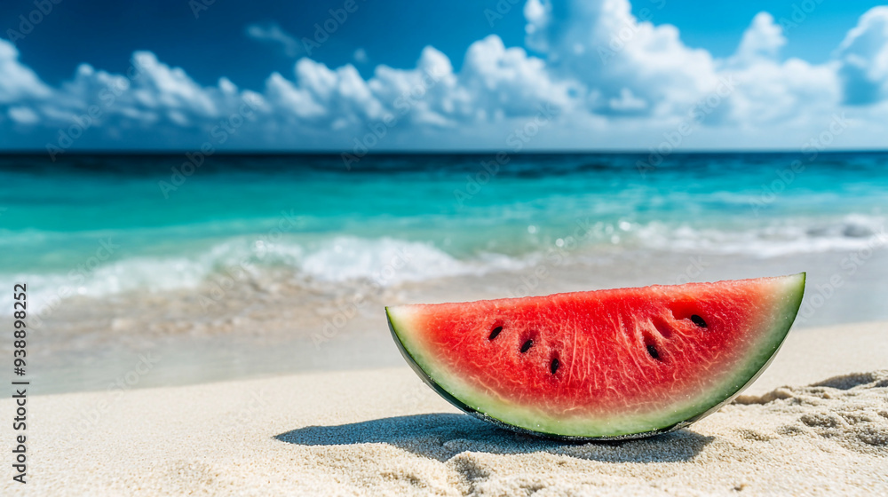 A slice of watermelon rests on sandy beach shore with turquoise ocean waves and clouds in the background under bright sunlight A slice of watermelon rests on sandy beach shore with turquoise ocean waves and clouds in the background under bright sunlight