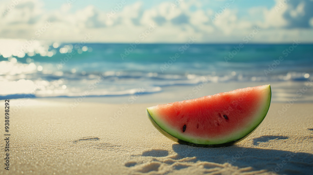 A slice of watermelon resting on a sandy beach near the ocean under a bright sunny sky in the early afternoon A slice of watermelon resting on a sandy beach near the ocean under a bright sunny sky in the early afternoon
