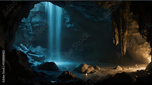 a waterfall coming out of a cave into the water