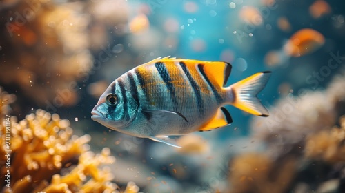 A vibrant, colorful fish swims through a vibrant coral reef