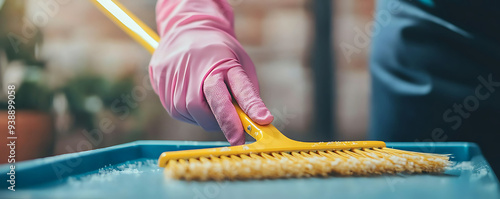 A close-up shot of a woman’s hands wearing pink gloves while cleaning a kitchen countertop with a yellow brush. photo