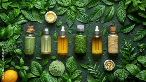 Fototapeta Naklejka Na Ścianę i Meble -  Natural organic spa cosmetics set with green leaves cruelty-free hair care products no animal testing
