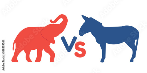 Election campaign. Election 2024 in USA., Flat illustration of parties representing sign. Blue donkey and red elephant as mascots. Vector illustration isolated on white background.