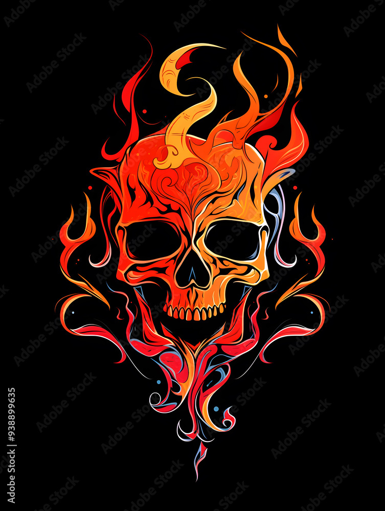 Tribal Skull and Fire Tattoo symmetry layout illustration Tribal Skull and Fire Tattoo symmetry layout illustration