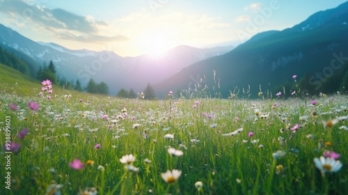 Beautiful field with colorful wild flowers foggy landscape at sunrise or dawn with setting or rising sun in the mountains photo