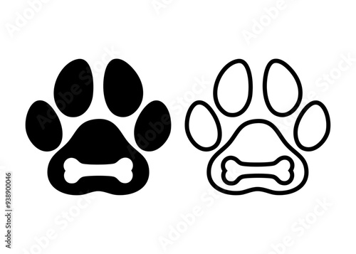 Logo de tienda de alimentos para mascotas. Silueta de pata de gato o perro con hueso