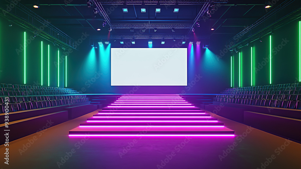 The empty fashion catwalk features green and purple neon lights, with a white LED screen at the end The empty fashion catwalk features green and purple neon lights, with a white LED screen at the end
