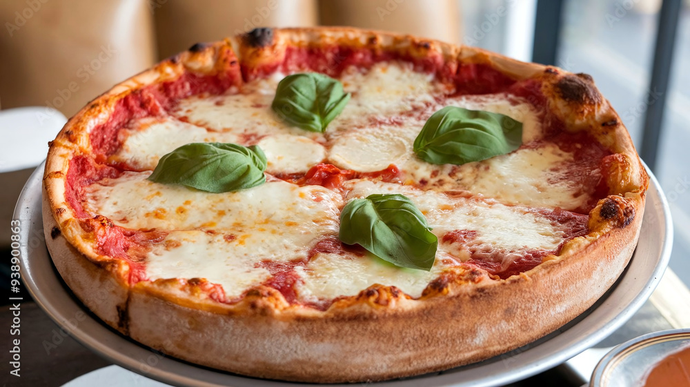 Mouthwatering Chicago-style deep-dish pizza topped with melted four cheeses and fresh basil, served in a cozy restaurant with a warm, inviting ambiance. Mouthwatering Chicago-style deep-dish pizza topped with melted four cheeses and fresh basil, served in a cozy restaurant with a warm, inviting ambiance.