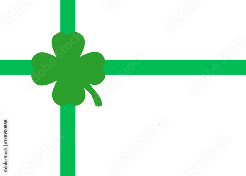 Día de San Patricio. Logo con trébol de 4 hojas como nudo de lazo de la cinta de un paquete de regalo de cumpleaños o Navidad