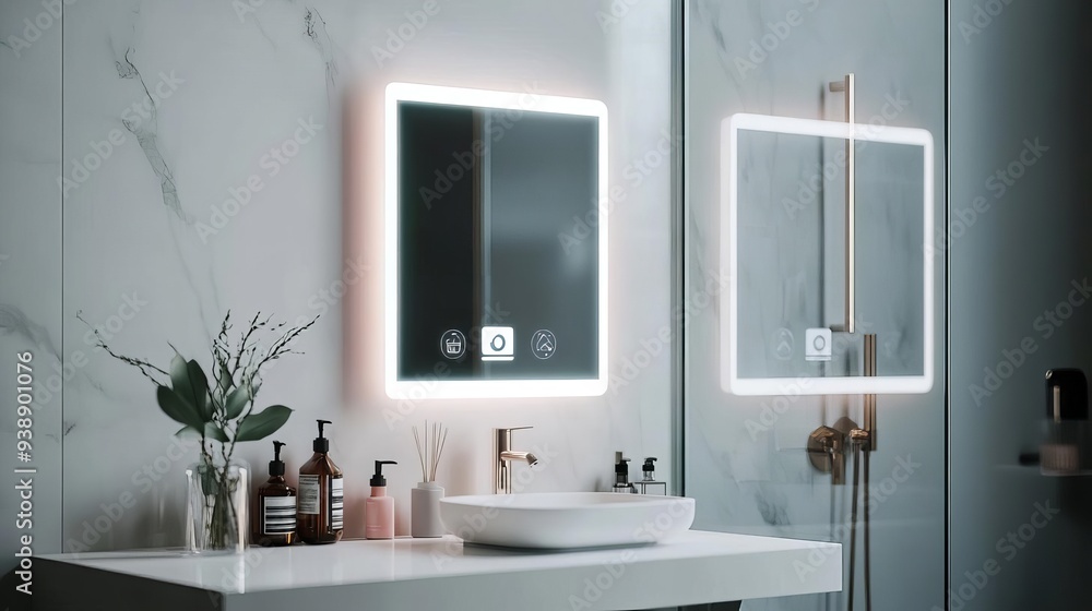 Fototapeta premium Modern bathroom with illuminated mirror, stylish sink, and elegant decor for a minimalist ambiance.