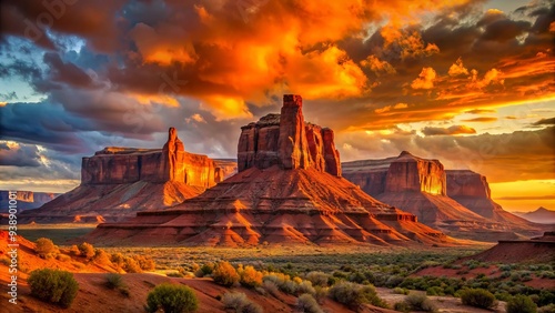 Dramatic sandstone mesas rise above the desert floor, their rusty red hues illuminated by a warm sunset in Utah's rugged and scenic landscape. photo