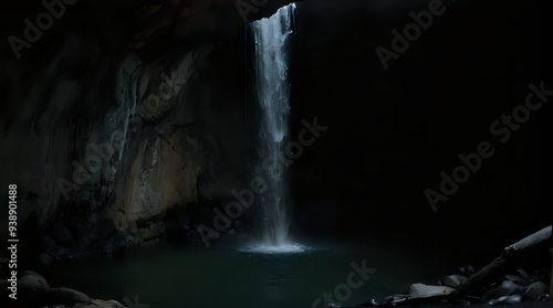a waterfall coming out of a cave into a body of water