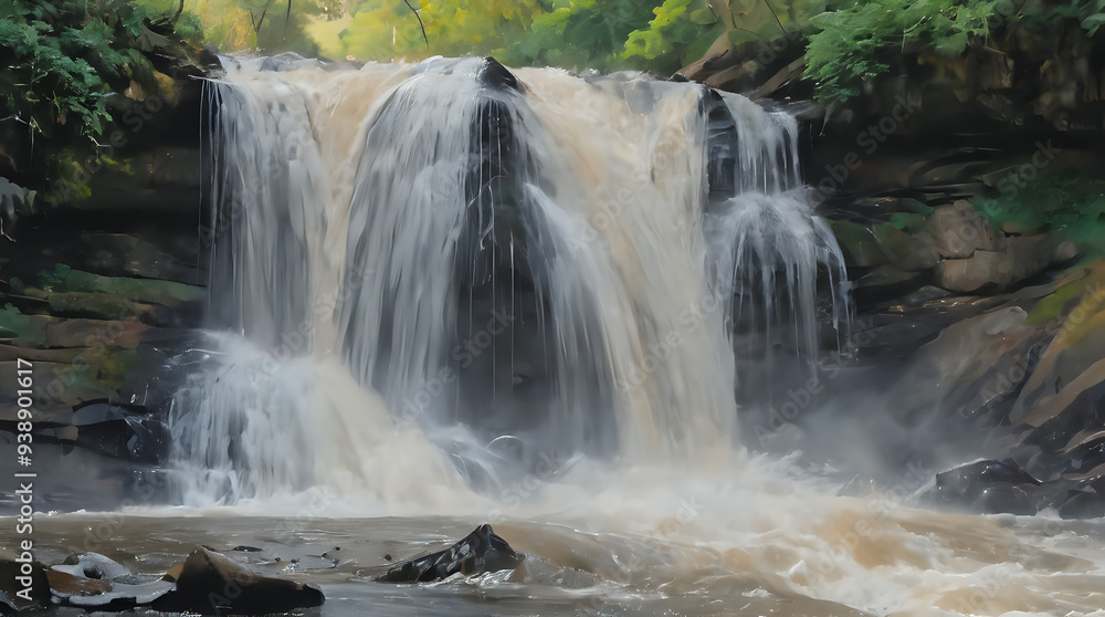 painting of a waterfall with a person standing in the water painting of a waterfall with a person standing in the water