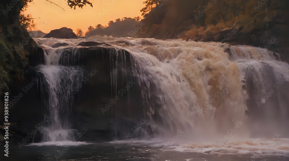 waterfall with water flowing down it at sunset in a wooded area waterfall with water flowing down it at sunset in a wooded area