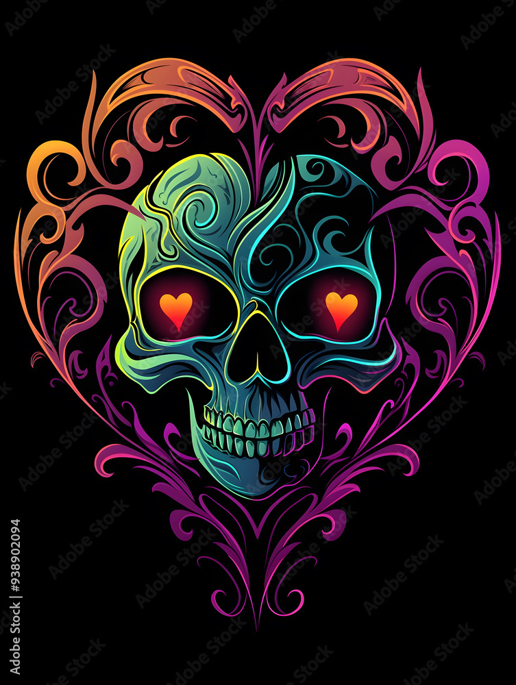 Fototapeta premium Tribal Skull and Heart Tattoo symmetry layout illustration