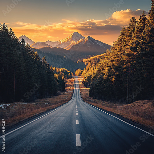 A clean tarmac road with trees and mountains in the background photo