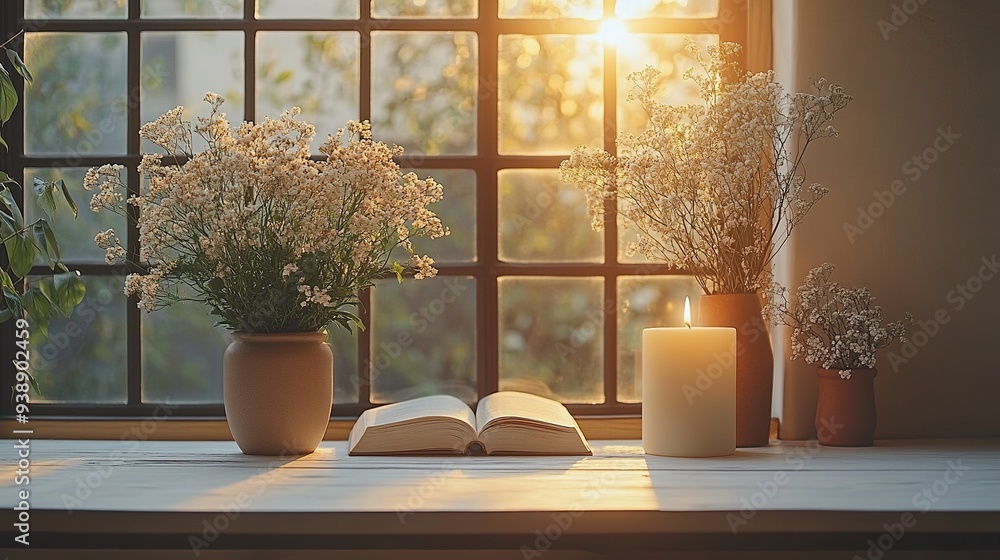 Scandinavian interior with a simple design: picture frame mockup, vase of flowers, candle, and book on a white table. Scandinavian interior with a simple design: picture frame mockup, vase of flowers, candle, and book on a white table.