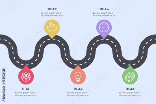 5 Stage Curved Roadmap Infographic, Milestones and Progress Path