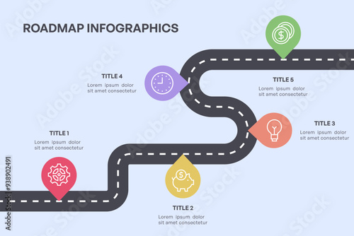 5 Stage Curved Roadmap Infographic, Milestones and Progress Path