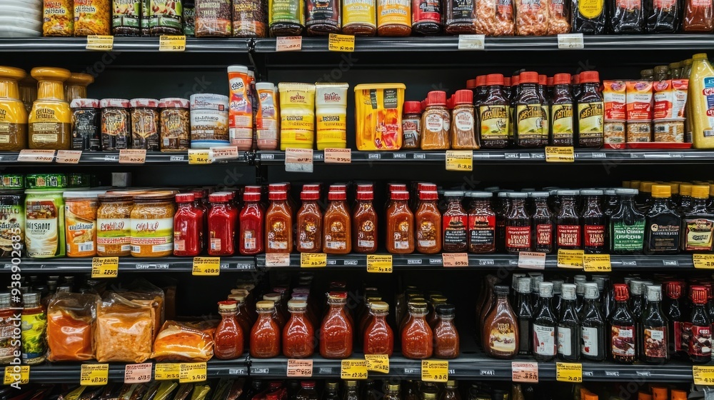 Grocery Aisle with a Vibrant Selection of Condiments and Sauces on Display Grocery Aisle with a Vibrant Selection of Condiments and Sauces on Display