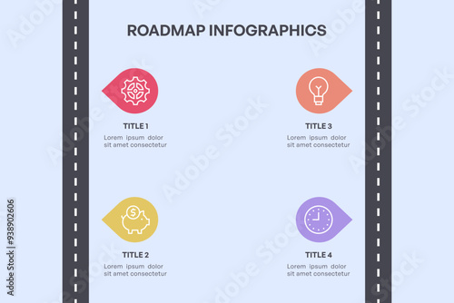 Simple 4-Node Roadmap Infographic with Straight Path and Colorful Icons