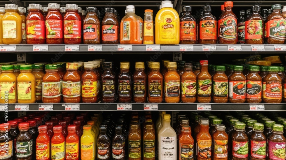 Grocery Aisle with a Vibrant Selection of Condiments and Sauces on Display Grocery Aisle with a Vibrant Selection of Condiments and Sauces on Display