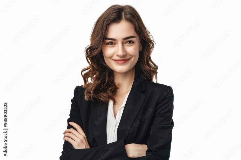Smiling business woman with folded hands against white background. Toothy smile crossed arms. Smiling business woman with folded hands against white background. Toothy smile crossed arms.
