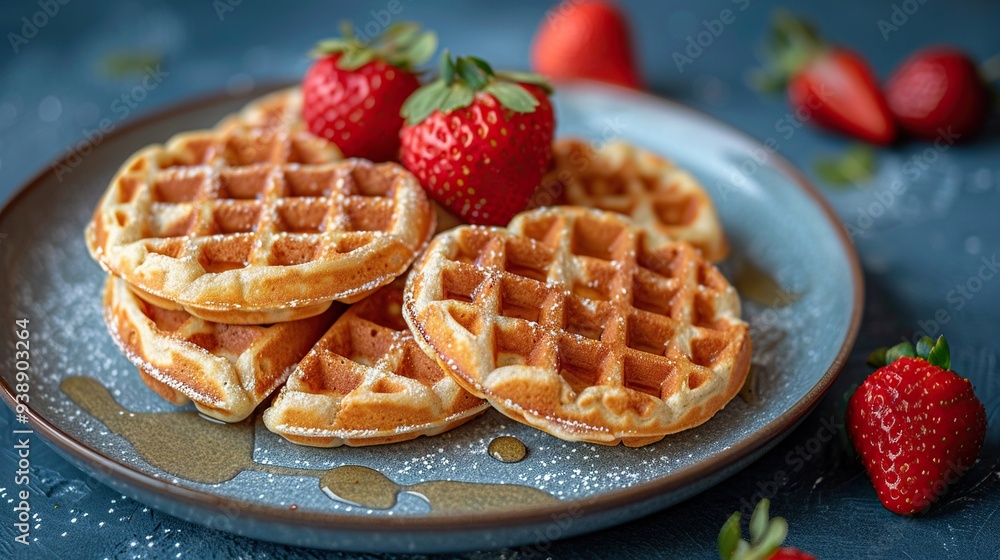 Heart-shaped Belgian waffles and strawberries on a blue plate. Heart-shaped Belgian waffles and strawberries on a blue plate.