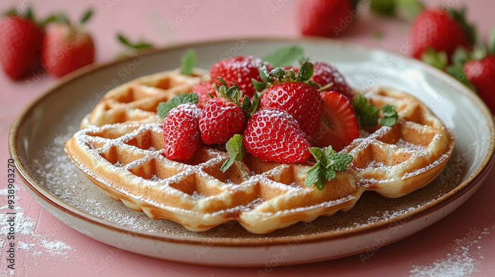 Heart-shaped waffles and strawberries on a pink plate for Mother's Day breakfast. Heart-shaped waffles and strawberries on a pink plate for Mother's Day breakfast.