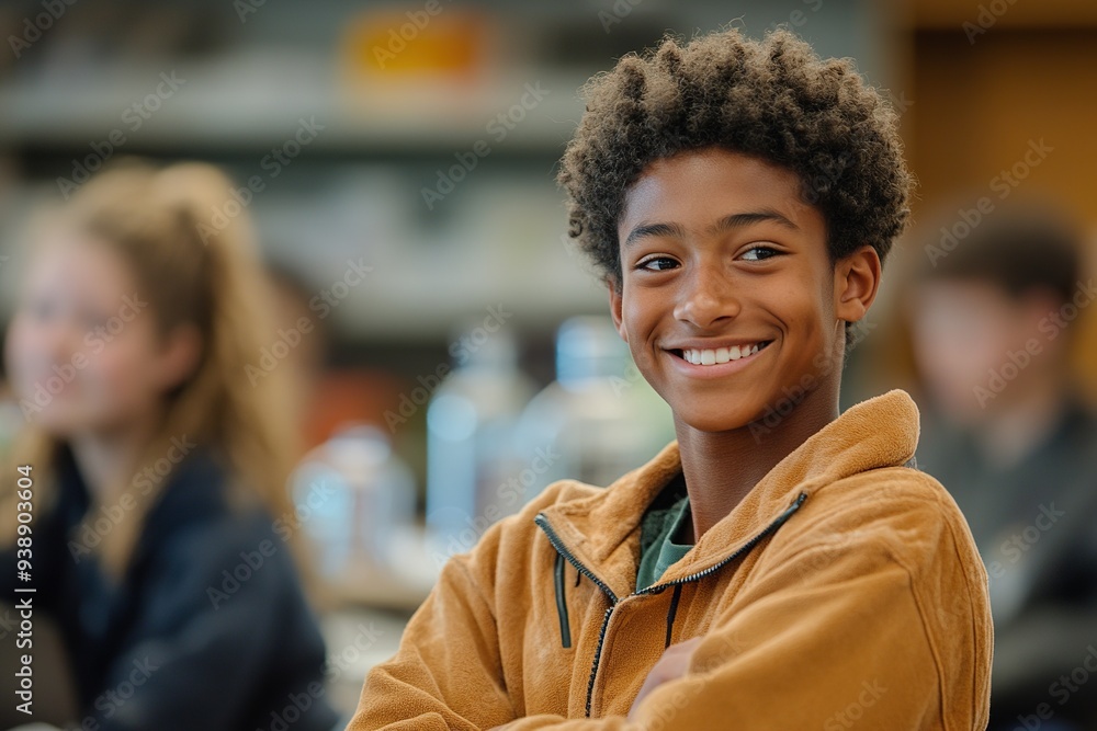 Photograph a student proudly showing their completed science project to the class Photograph a student proudly showing their completed science project to the class