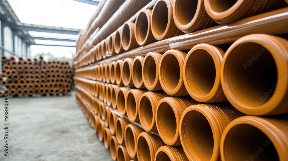 Warehouse Storage of Large Plastic Pipes Arranged in a Row Warehouse Storage of Large Plastic Pipes Arranged in a Row