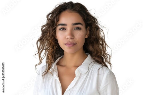 Confident hispanic woman in white blouse isolated on white