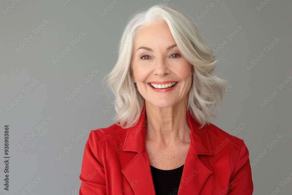 Confident senior business woman with white smile on grey background. Confident senior business woman with white smile on grey background.