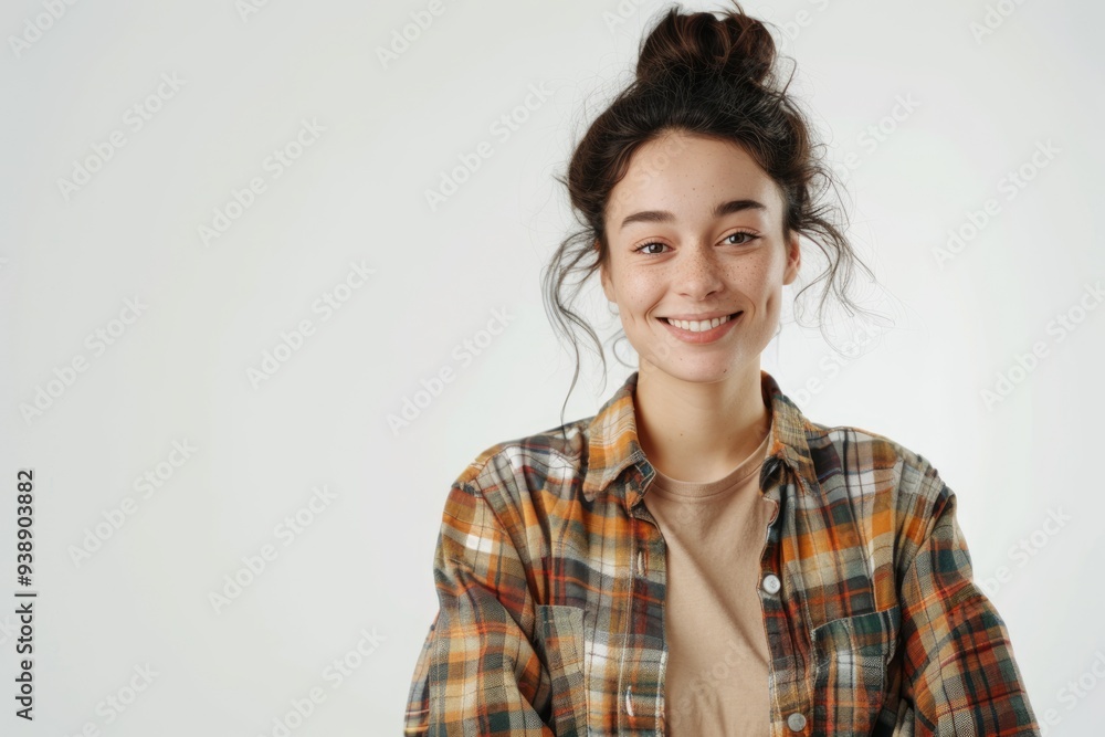 Confident successful woman smiling in casual outfit against white background. Confident successful woman smiling in casual outfit against white background.
